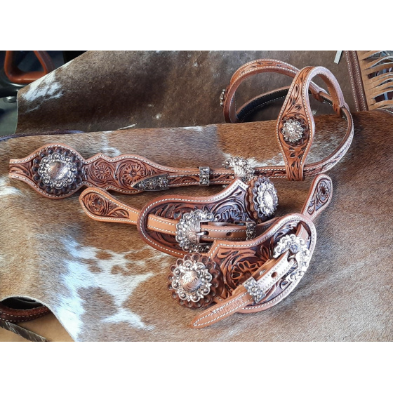 set westernová uzdečka + řemínky k ostruhám GVR HS-SET7