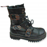 boty kožené KMM 10 dírkové černé se 3 přezkama skull